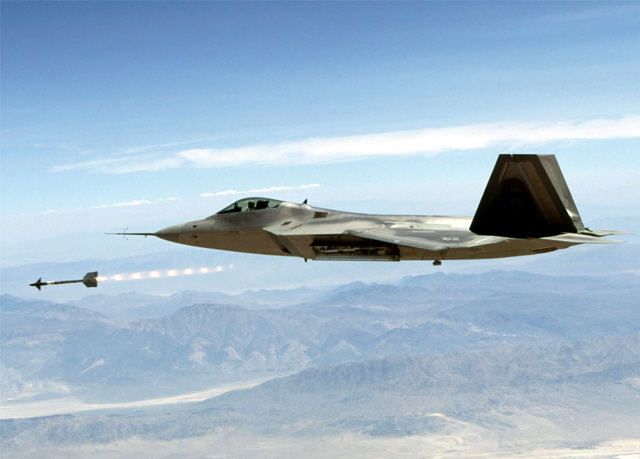 An F/A-22 Raptor performs a test mission over Edwards Air Force Base, Calif. Raptor 4007 and pilot Maj. Jim Dutton recently accomplished the aircraft�s first supersonic, guided missile launch. (Courtesy Photo)